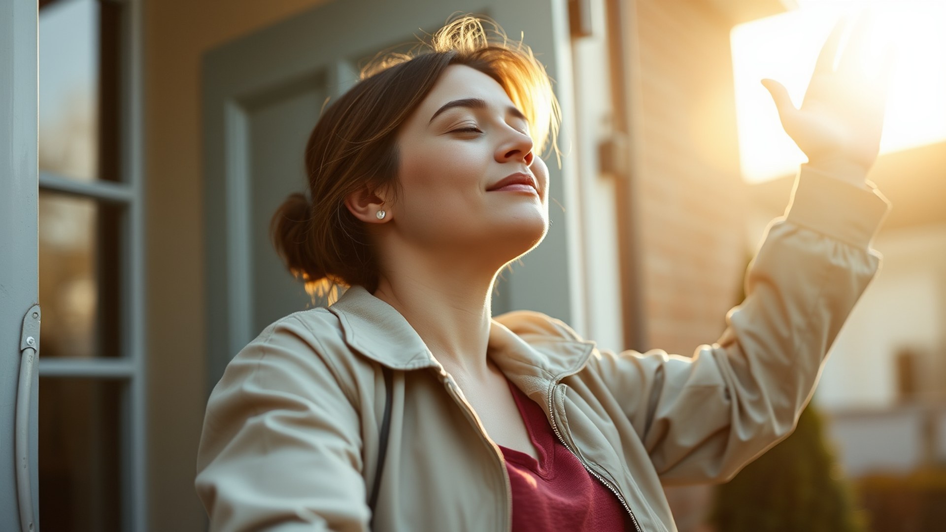 Woman holding water glass in morning sunlight for natural energy