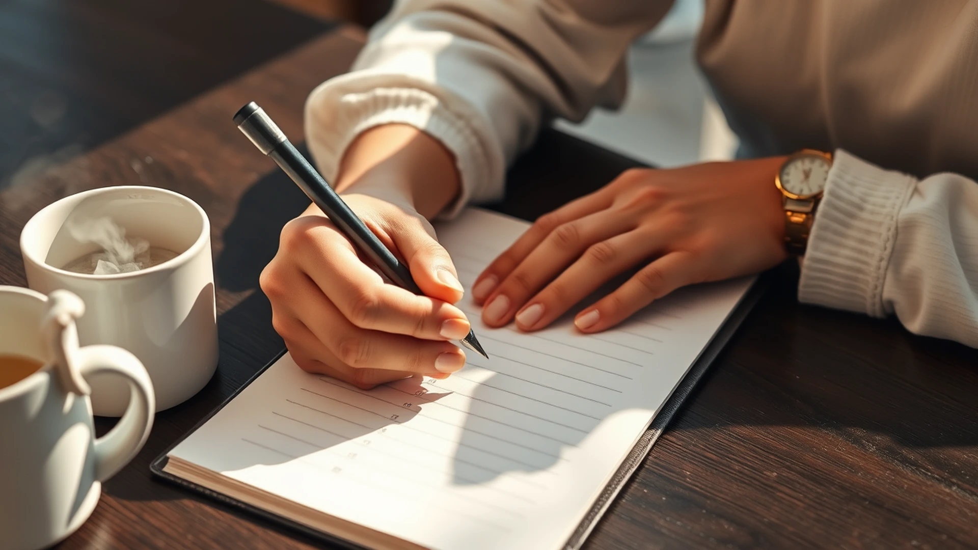 Close-up hands writing daily priorities in productivity journal
