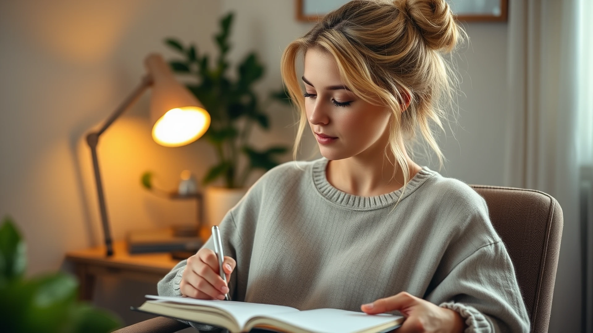 Woman reflecting peacefully during evening work shutdown ritual