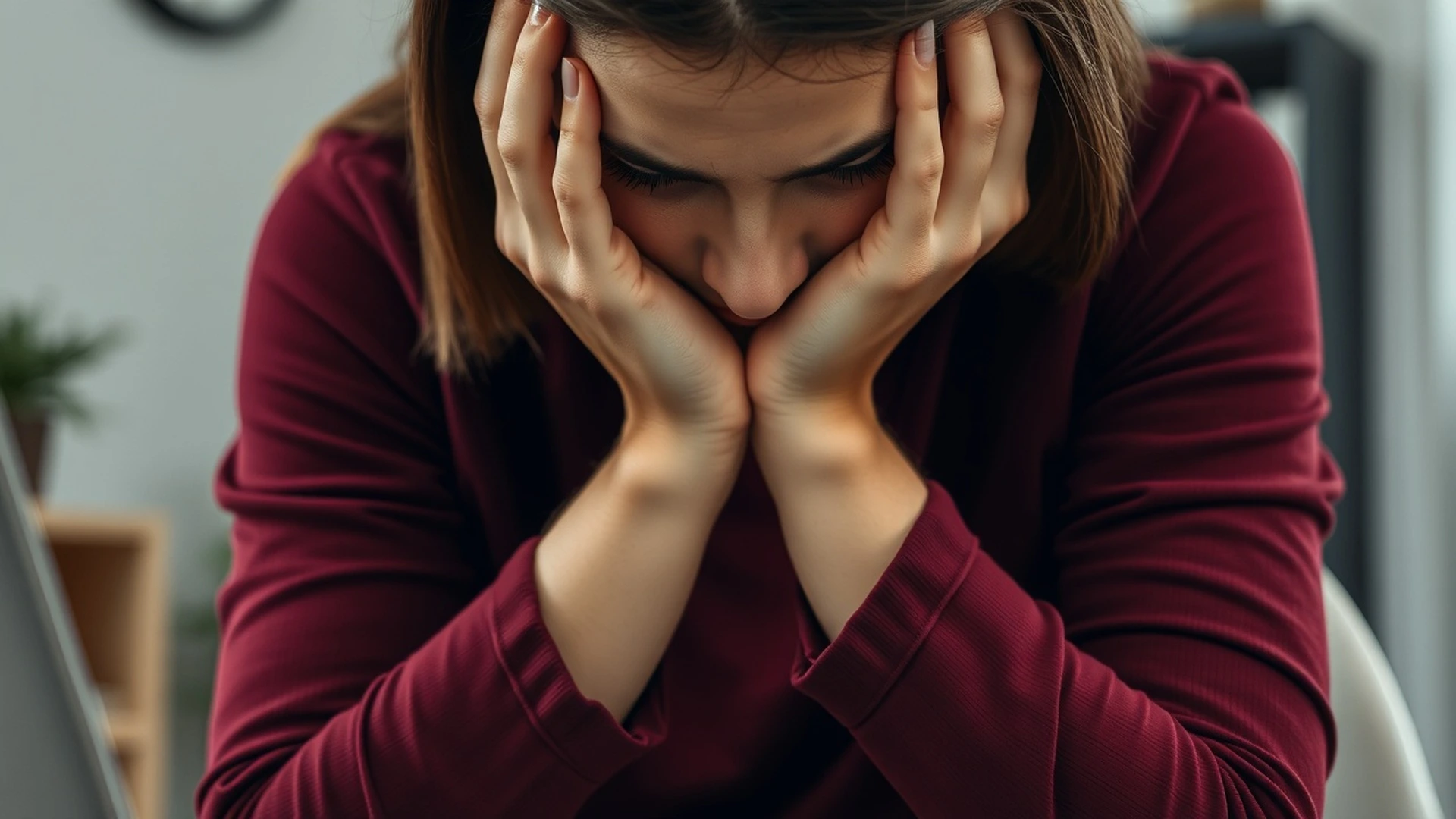 Woman holding her head showing mental burnout stress and fatigue signs