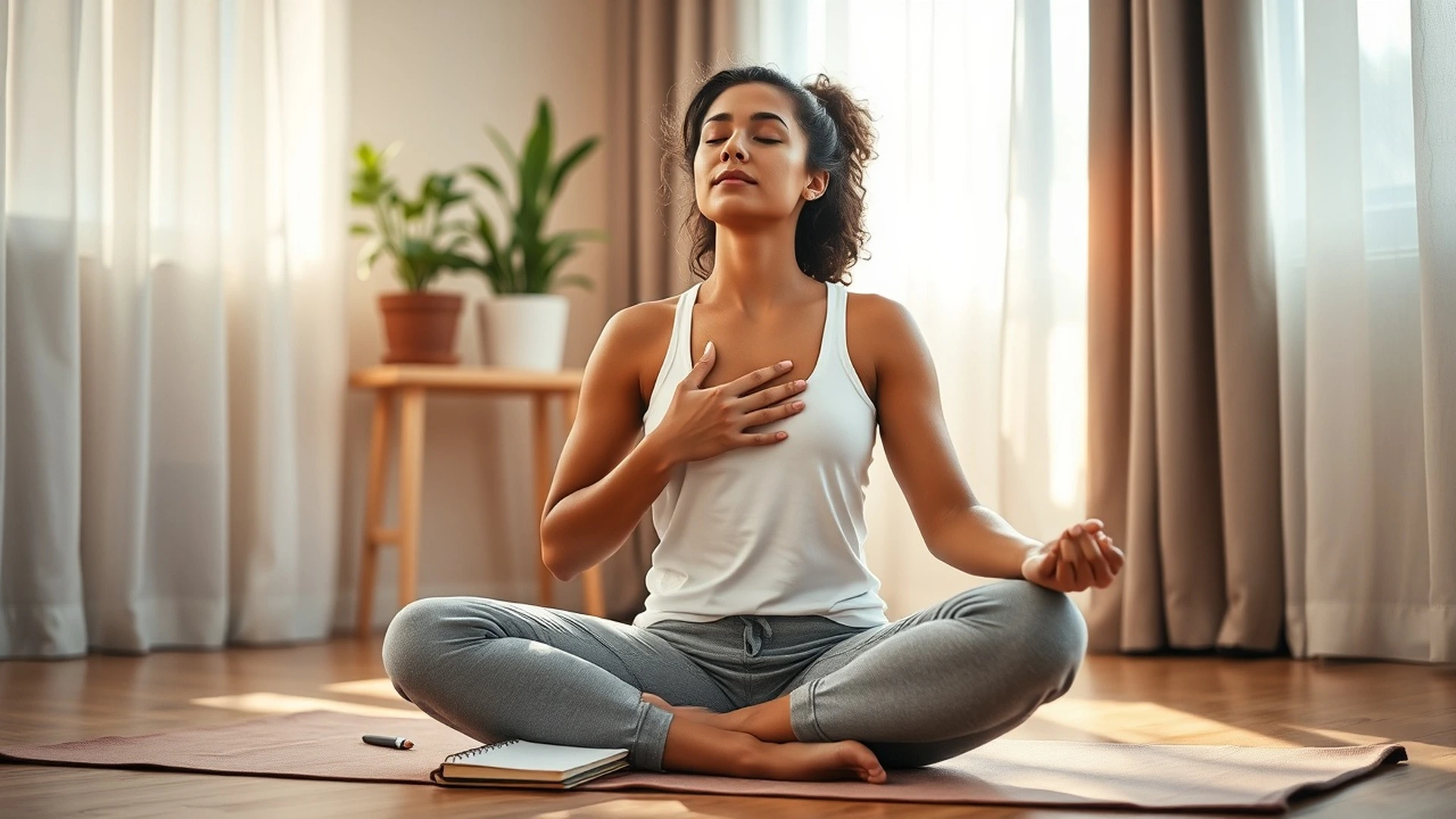 Woman meditating peacefully at home practicing burnout recovery breathing techniques
