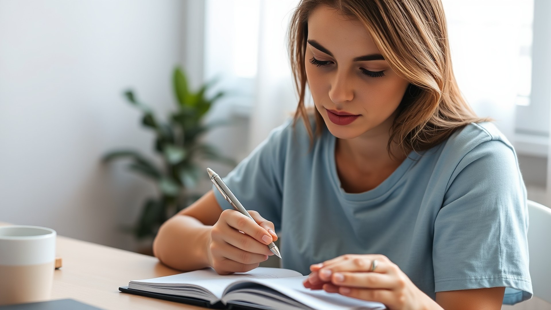 Woman writing morning priorities in notebook with coffee and natural light