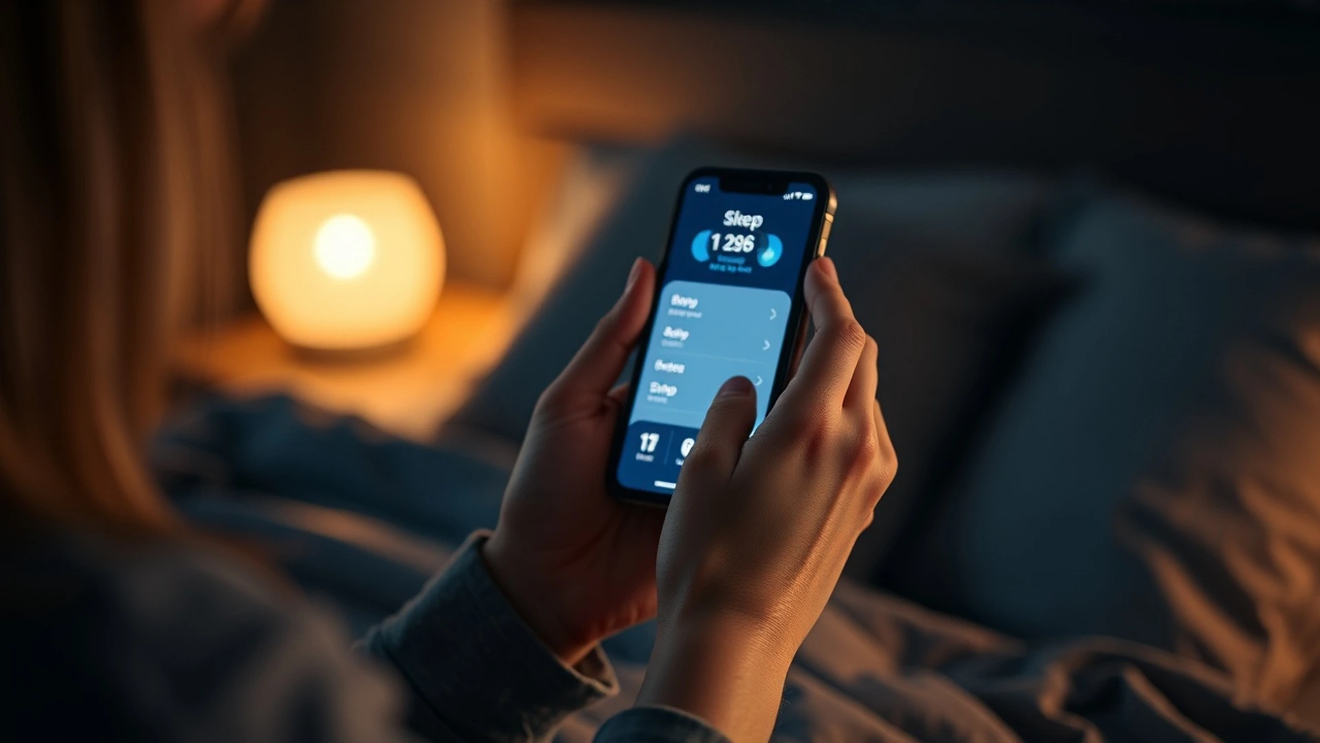 Woman tracking sleep quality on phone at night