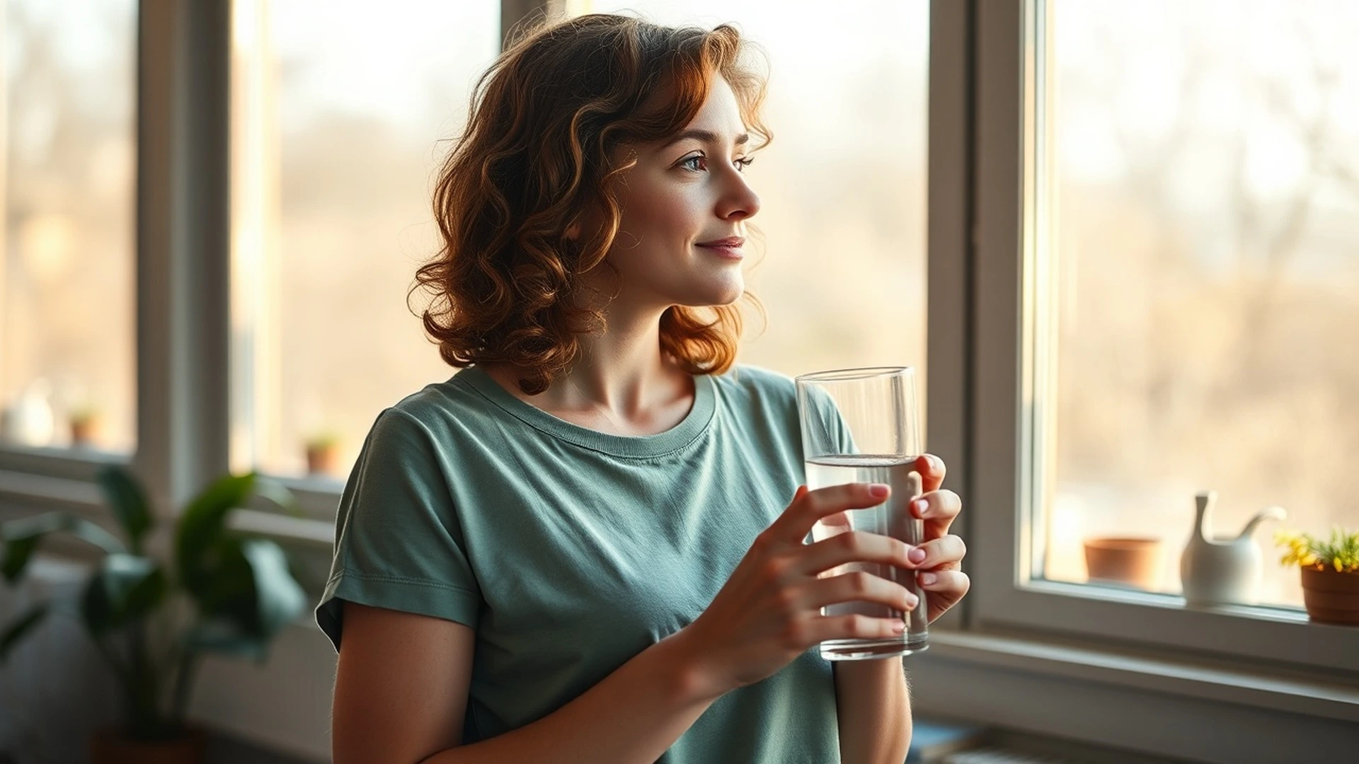 Woman drinking water in morning sunlight window