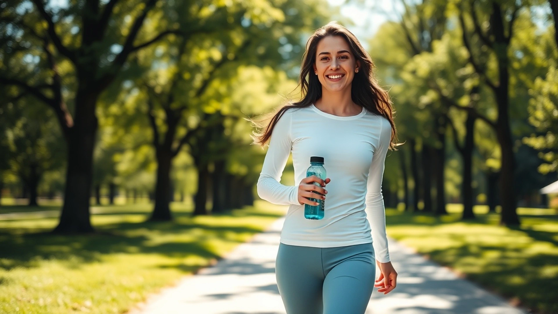 Woman walking in park with water bottle energized